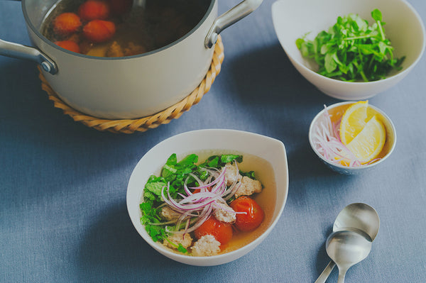 【レシピ】ミニトマトとクレソンのひき肉スープ：マルチフードクッカー