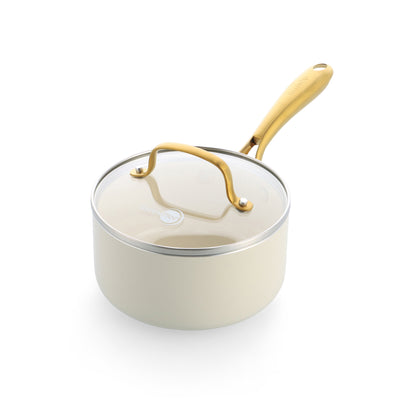 【新商品】ストゥディオ クリームホワイト ソースパン  16cmガラス蓋付　IH／ガス火対応